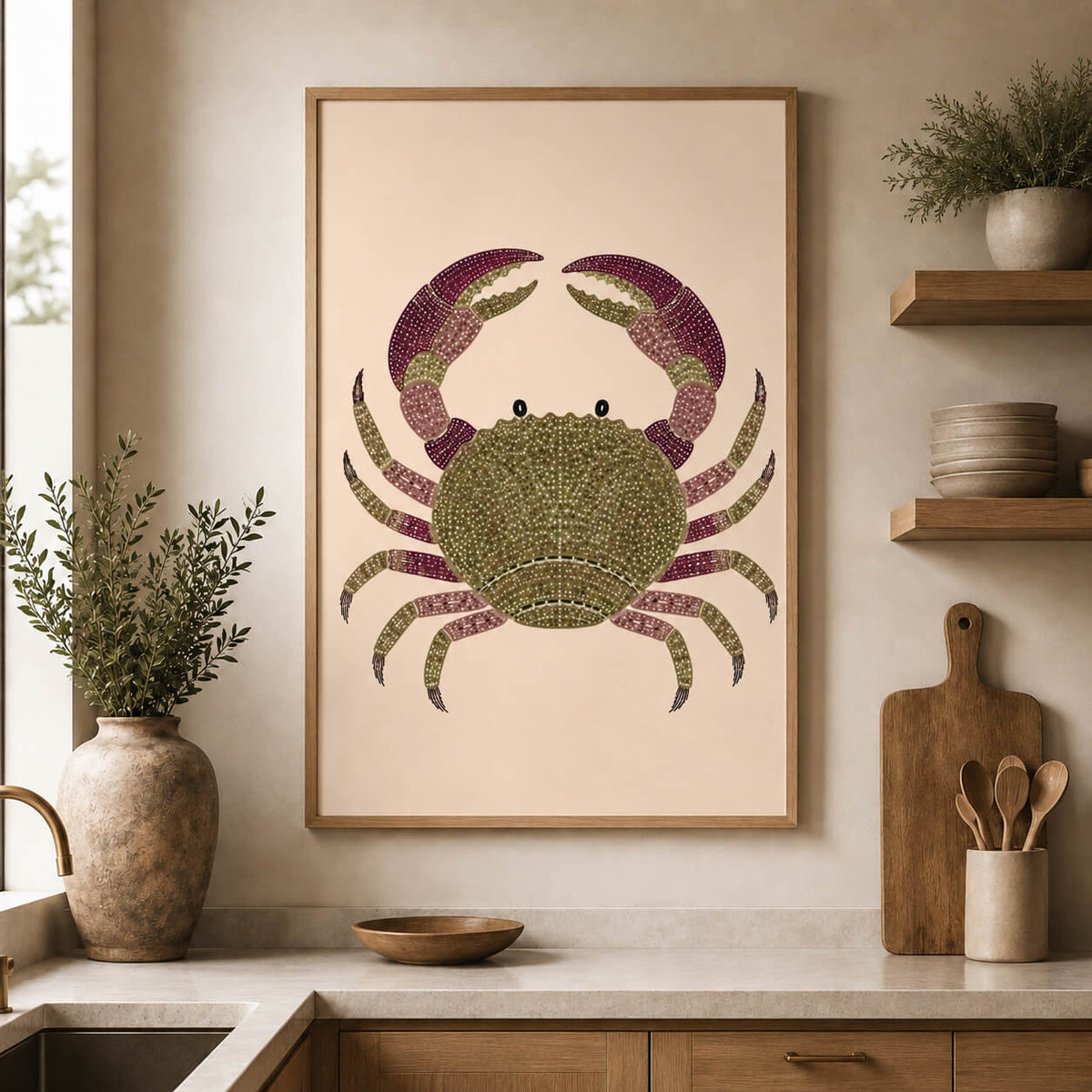 Beach house crab print with neutral coastal colours