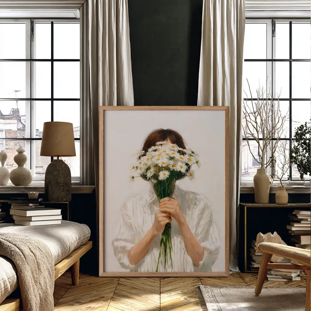 Feminine minimalist wall decor featuring daisies