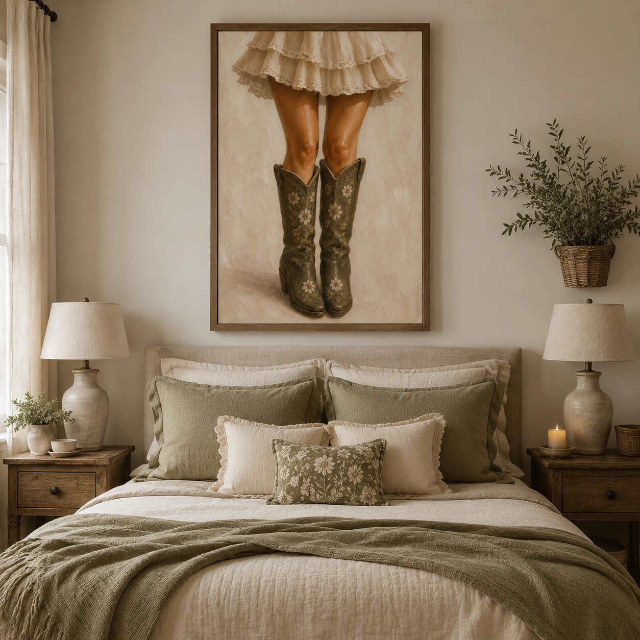 Modern cowgirl bedroom decor with floral boots artwork and neutral interiors