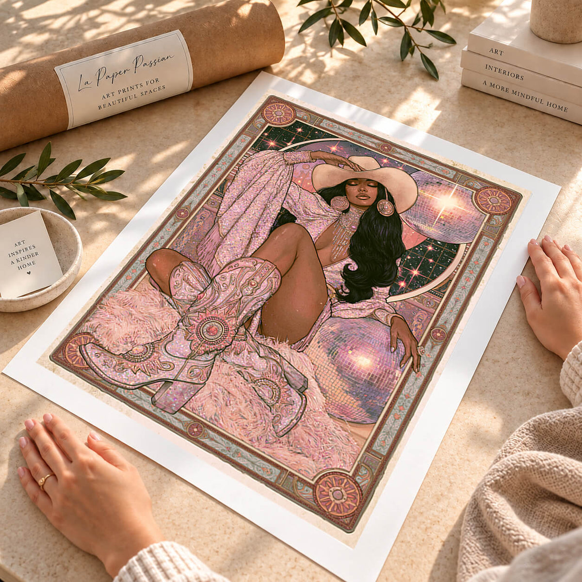 Pink Western cowgirl art print with sparkling disco balls and glamorous 70s inspired styling