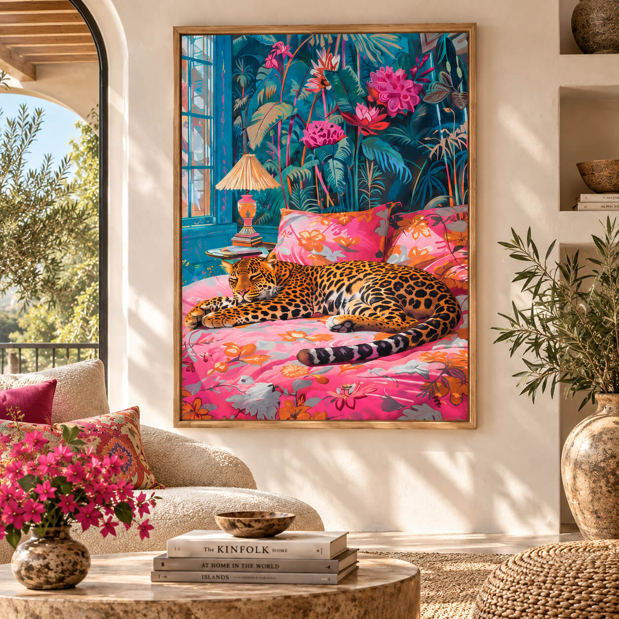 Colourful sleeping leopard wall art with vibrant pink floral bedding and lush tropical foliage