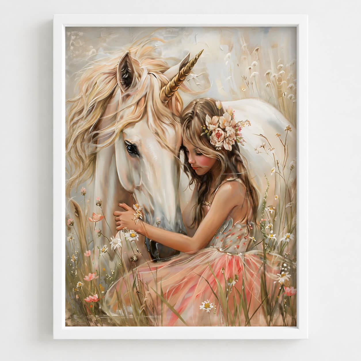 Girl and unicorn wall art print displayed in a large timber frame in a soft pink girls bedroom with whimsical nursery decor.