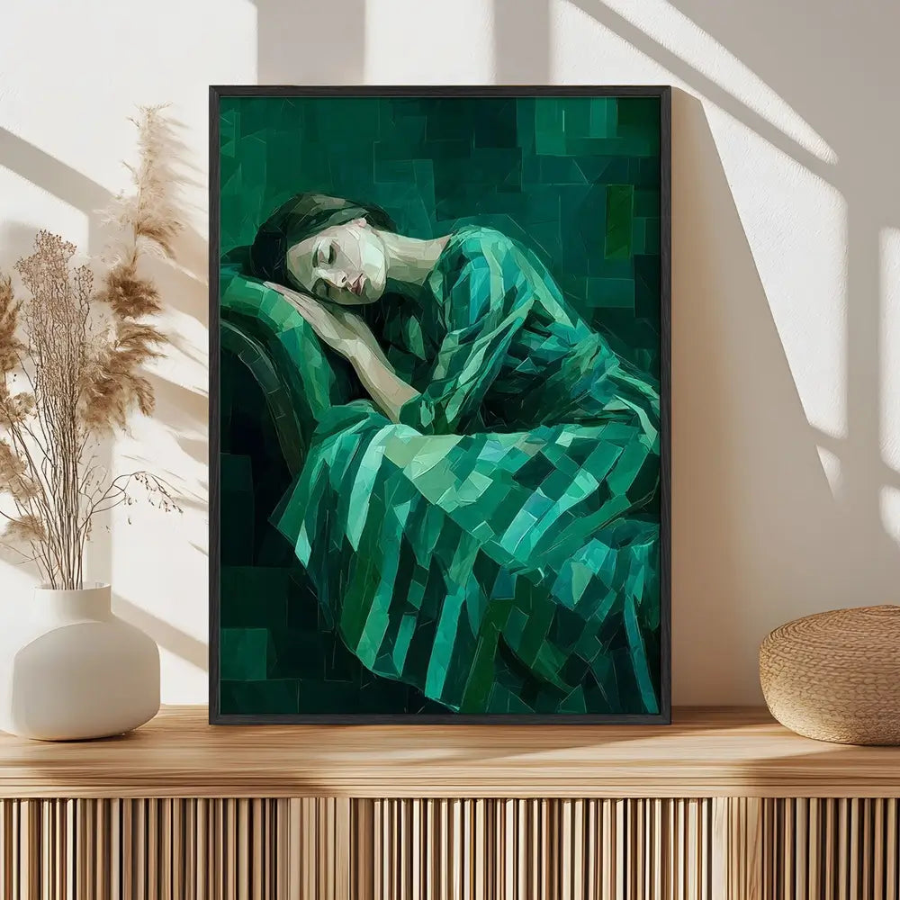 Abstract portrait  wall art of a sleeping woman in emerald green tones  in lack frame