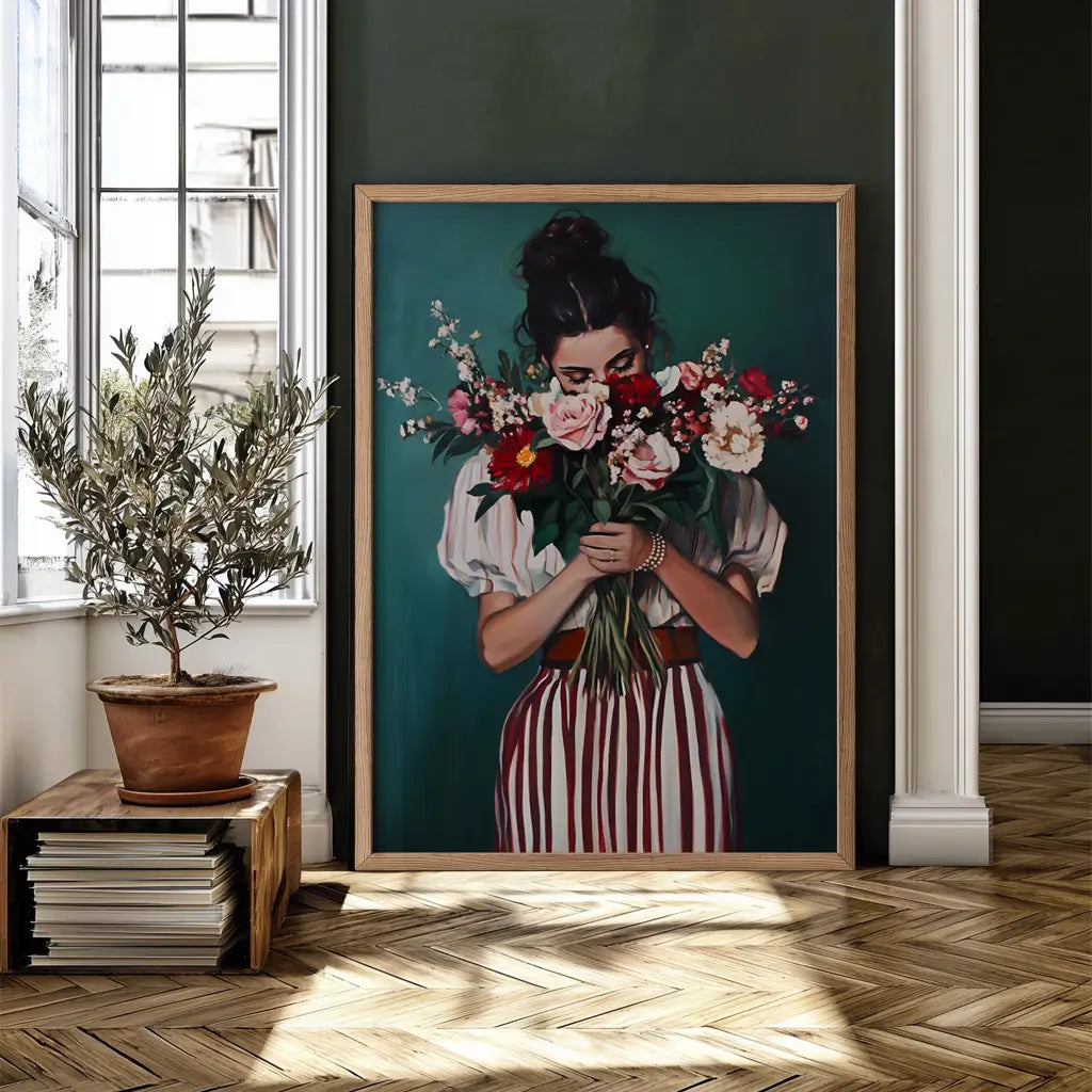 Framed artwork of a woman holding flowers in a room with plants and a lamp.