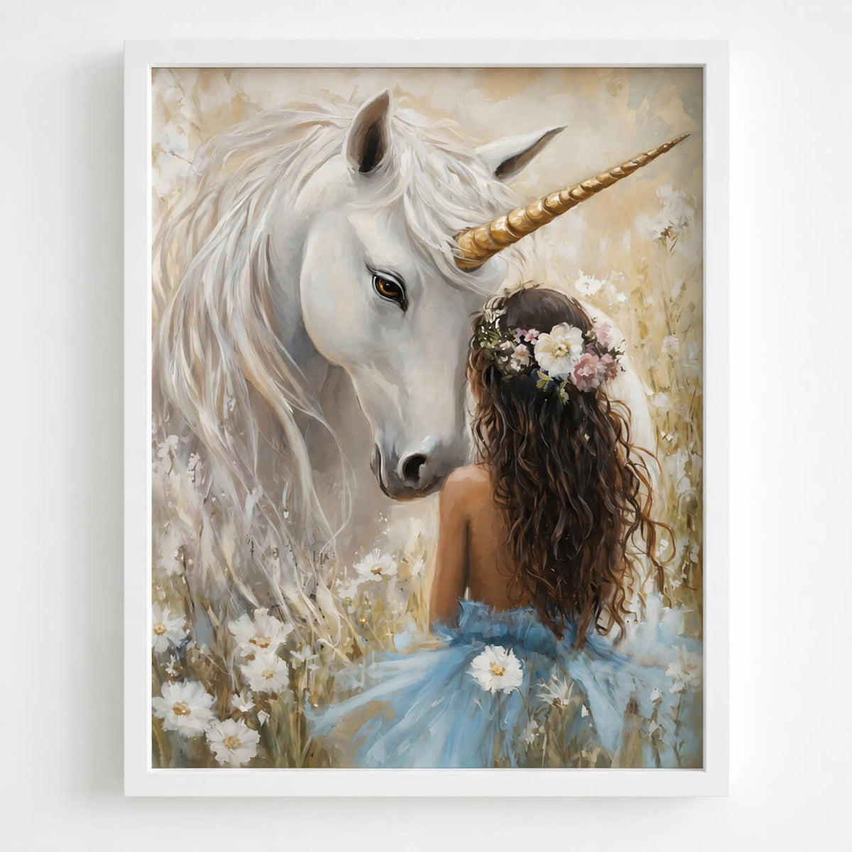 Girl embracing a white unicorn in a whimsical meadow, shown as a large framed wall art print for a girls bedroom or nursery.