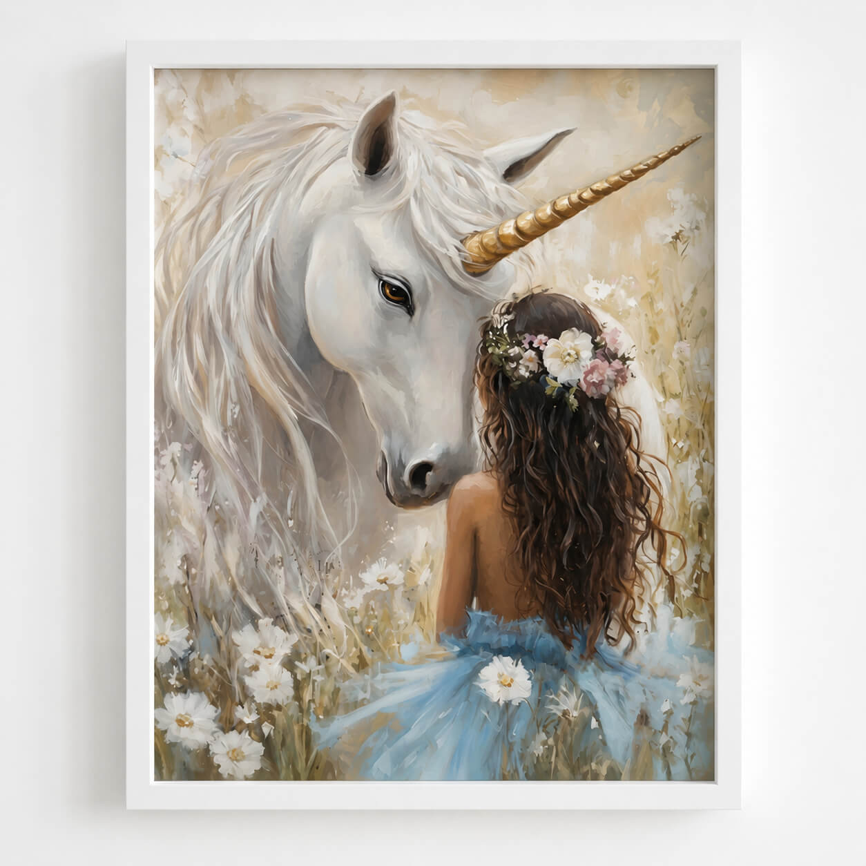 Girl and unicorn wall art print displayed in a large timber frame in a soft pink girls bedroom with whimsical nursery decor.