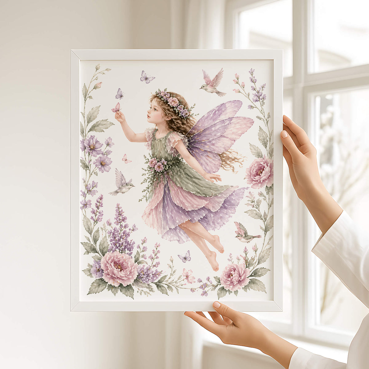 whimsical fairy artwork with delicate blush and botanical details