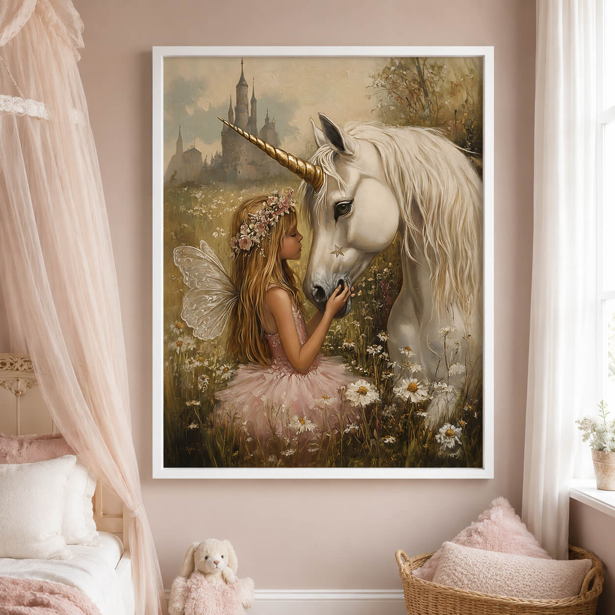 Fairy and unicorn wall art print displayed in a large white frame in a soft pink girls bedroom with whimsical nursery decor.