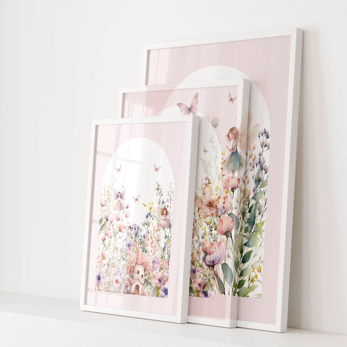 Set of 3 fairy garden nursery wall art prints in white frames, soft pastel watercolour florals
