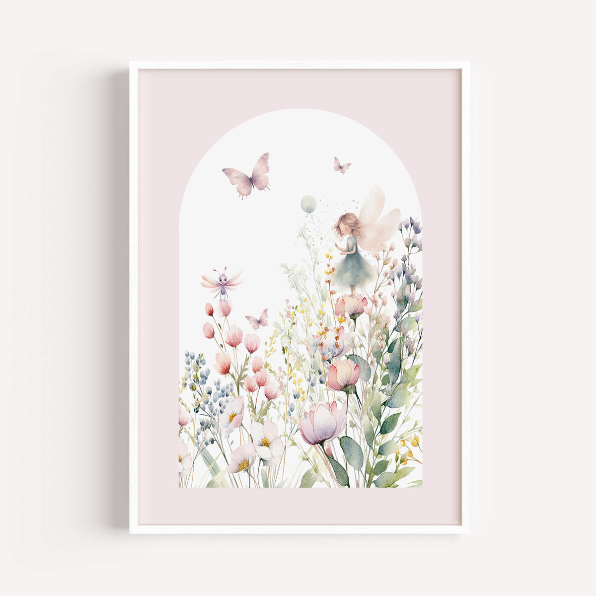 White framed fairy garden nursery prints set of 3, soft pastel floral wall art for girls nursery