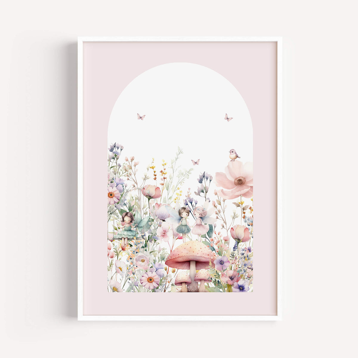 Fairy garden nursery wall art set of 3 framed in white, soft pastel flowers, girls bedroom decor