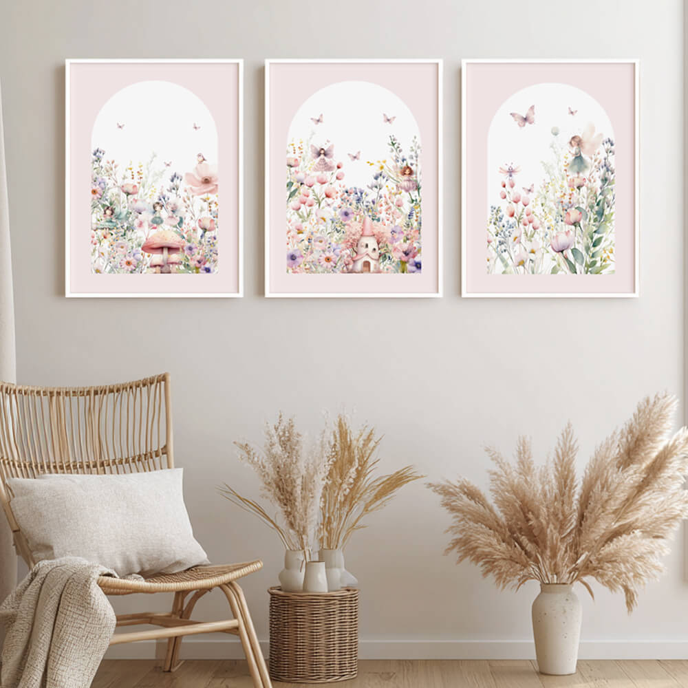  fairy garden nursery wall art prints set of three features gentle floral details and soft pastel watercolour tones for nursery decor or girls kids bedroom
