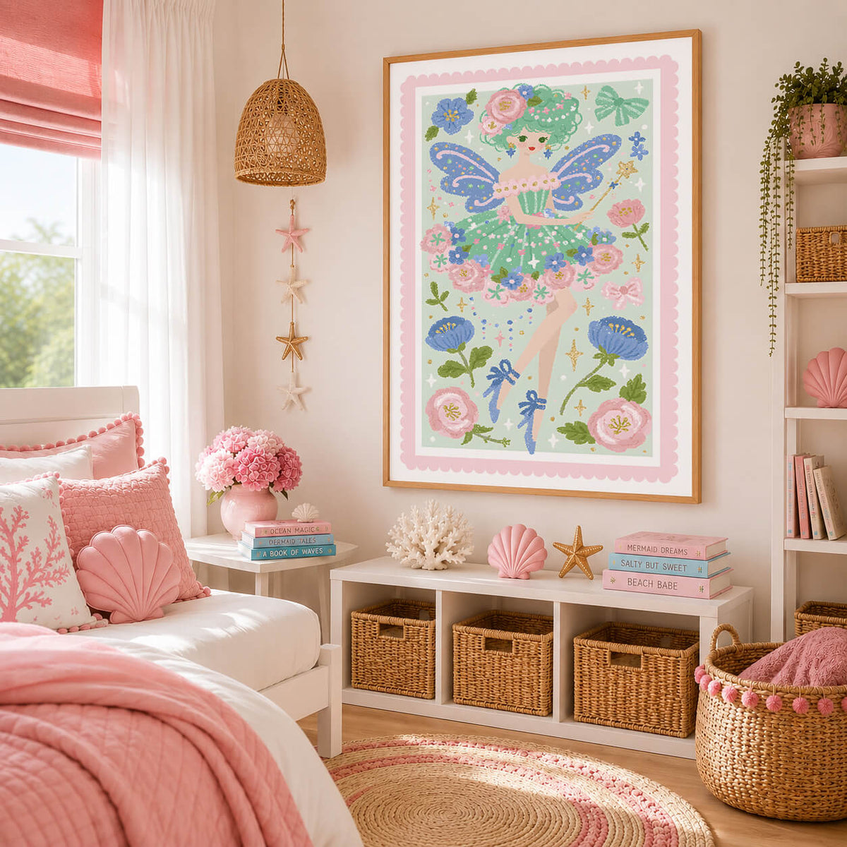 Whimsical floral fairy wall art print featuring blue butterfly wings, a green floral dress, pink flowers and pastel cottagecore details.