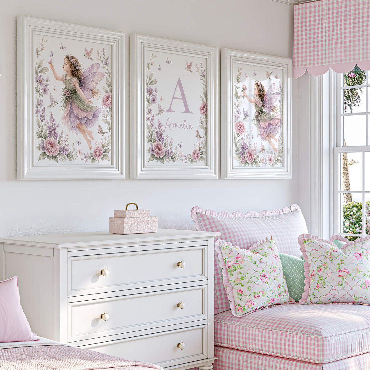 personalized fairy name nursery wall art with soft watercolor flowers