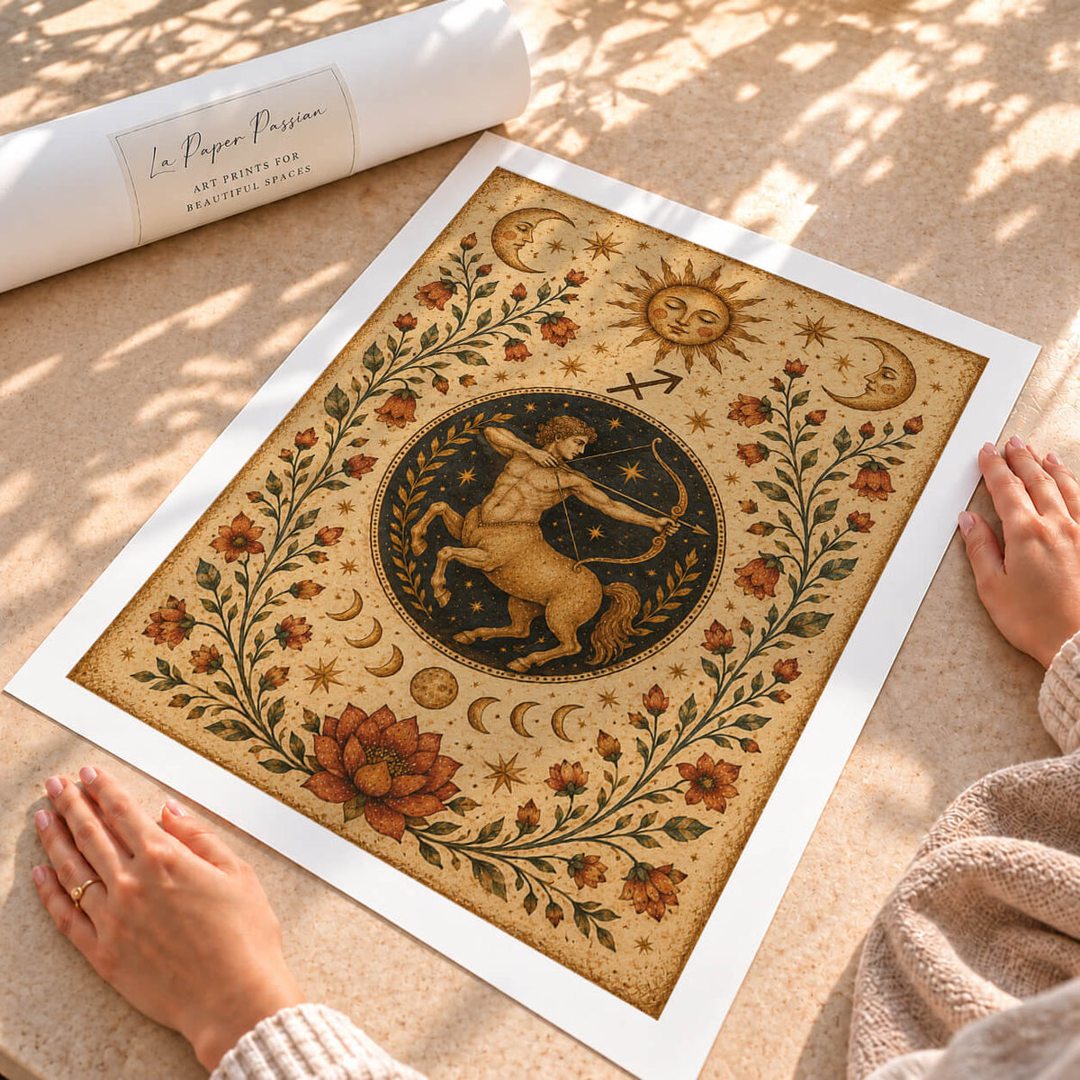 Folk art Sagittarius zodiac wall art print featuring celestial astrology-inspired artwork, perfect for bohemian bedrooms and mystical home decor