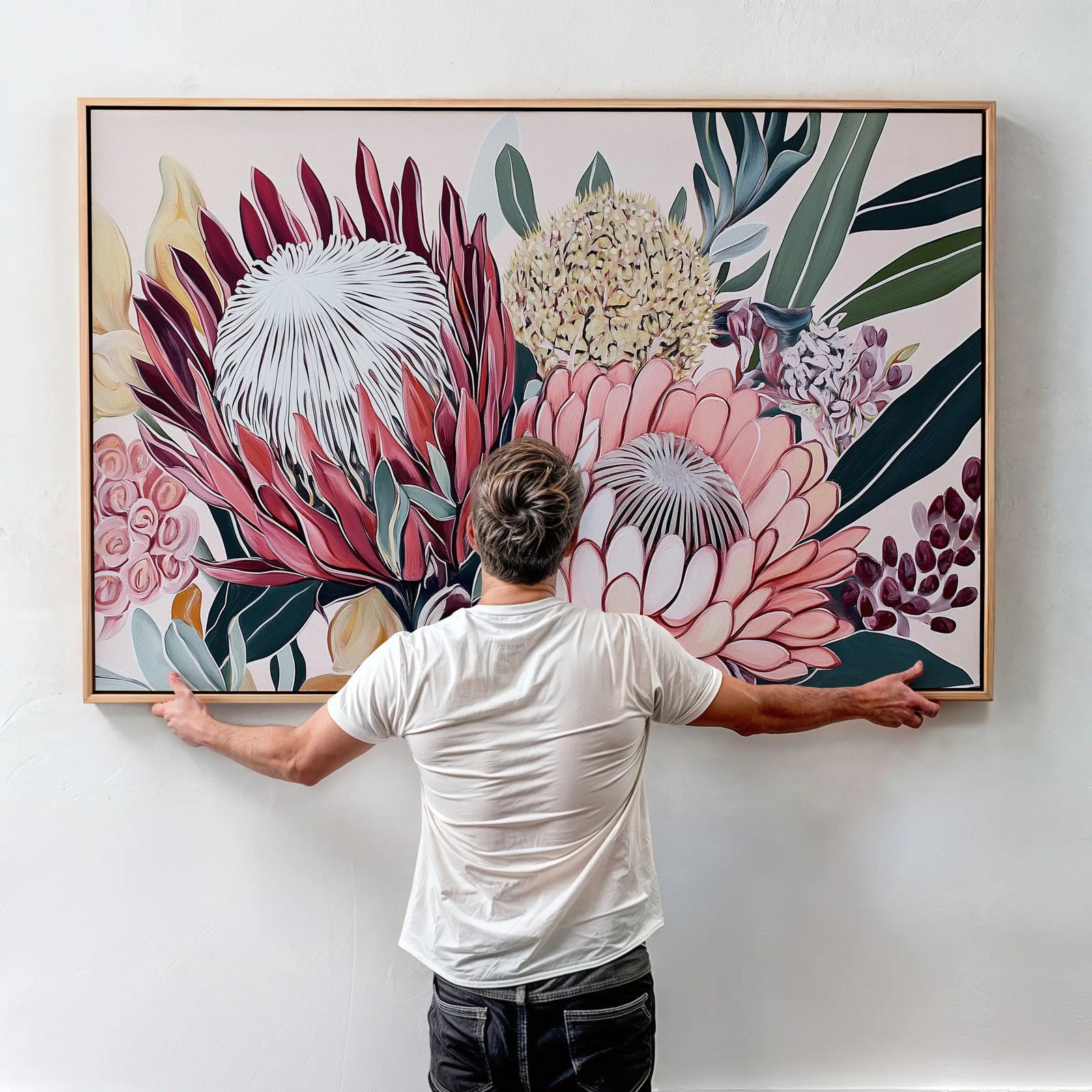 Botanical Australian wall art featuring protea flowers in feminine pink and cream timber frame