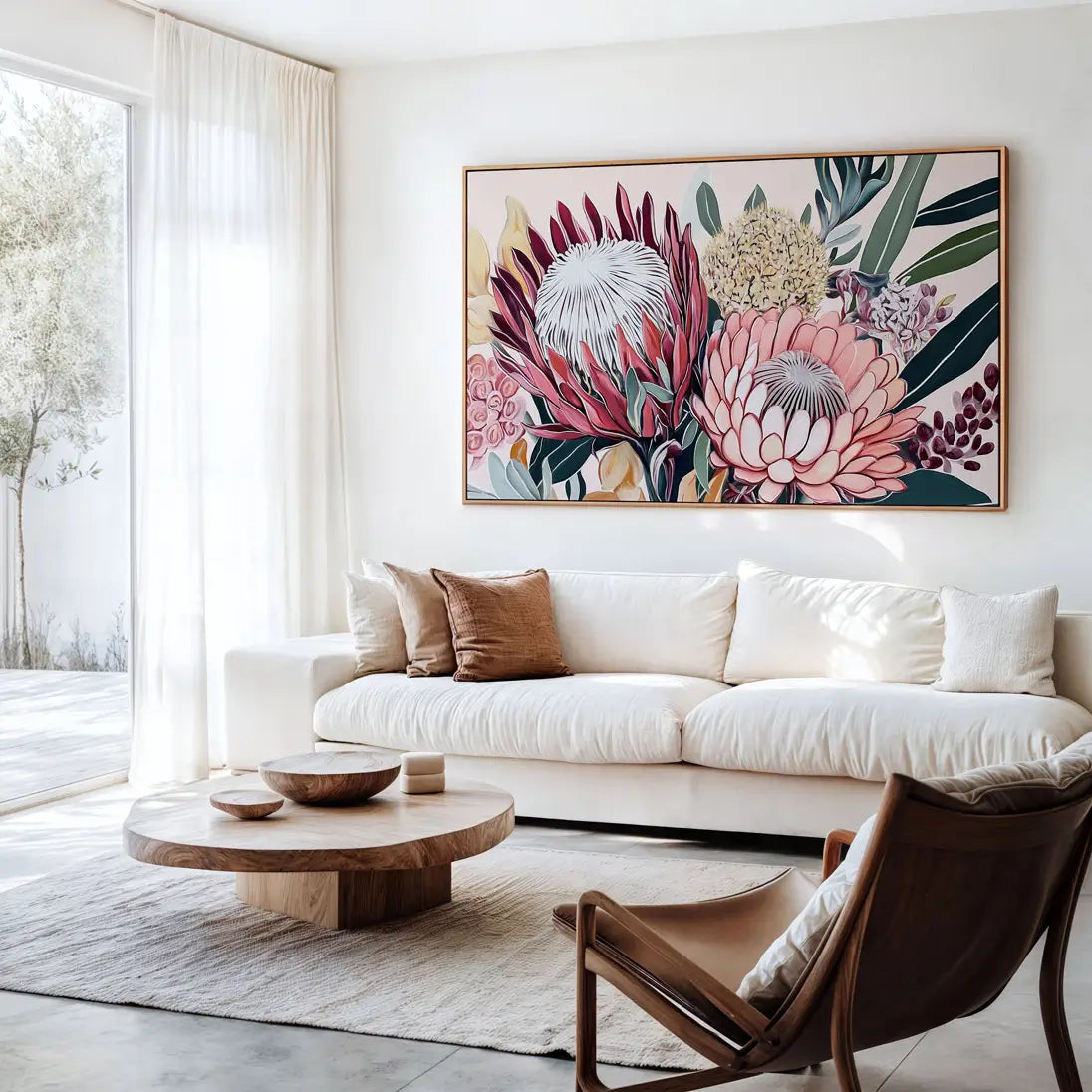 Botanical Australian wall art featuring protea flowers in feminine pink and cream timber frame