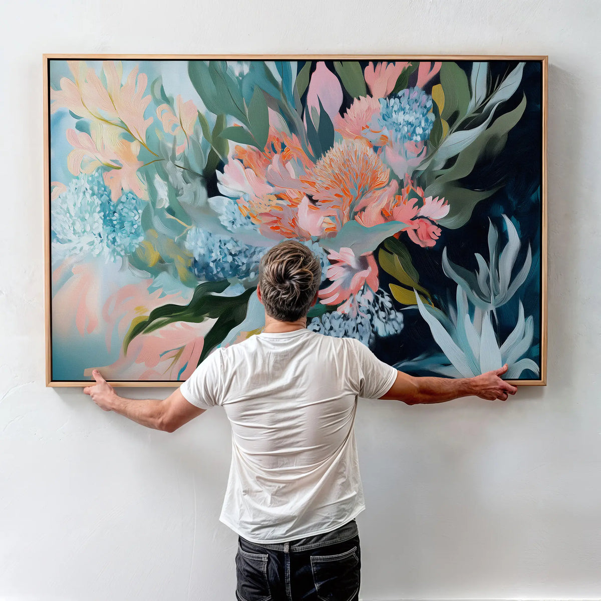 Modern floral botanical canvas wall art in soft blue peach and green floating frame