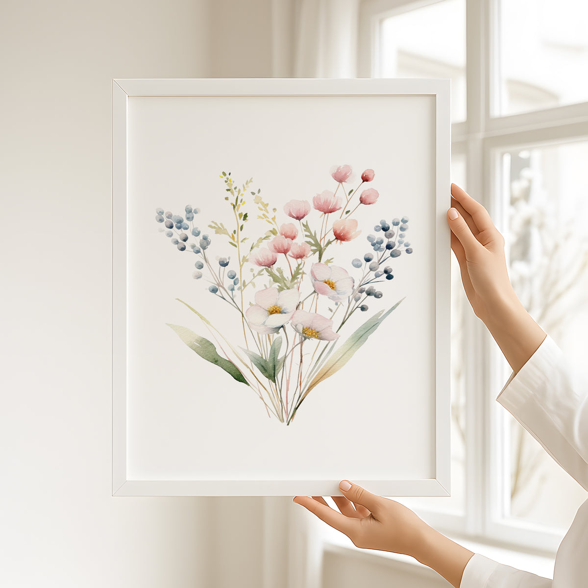 Nursery prints set of 3 featuring bunny girl artwork and matching wildflower botanical illustrations