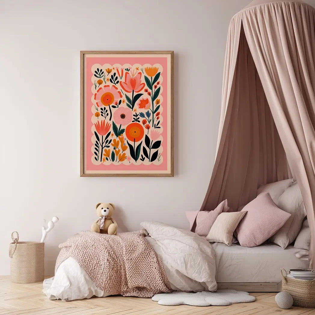 bright Floral Wall Nursery Wall Art Print, a modern 2025 nursery illustration filled with girly colours, floral details, and playful design. Perfect for a kids room,