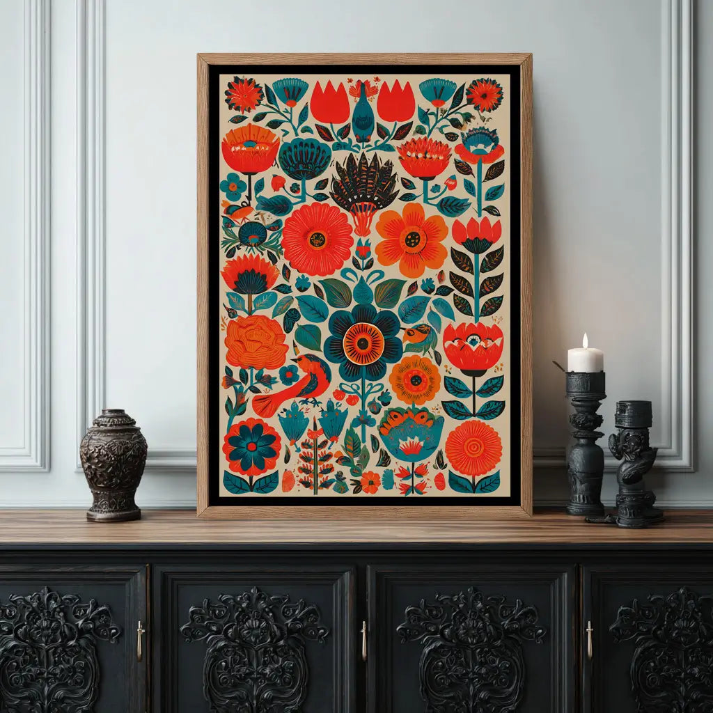 Vintage Mexican folk art poster with floral motifs