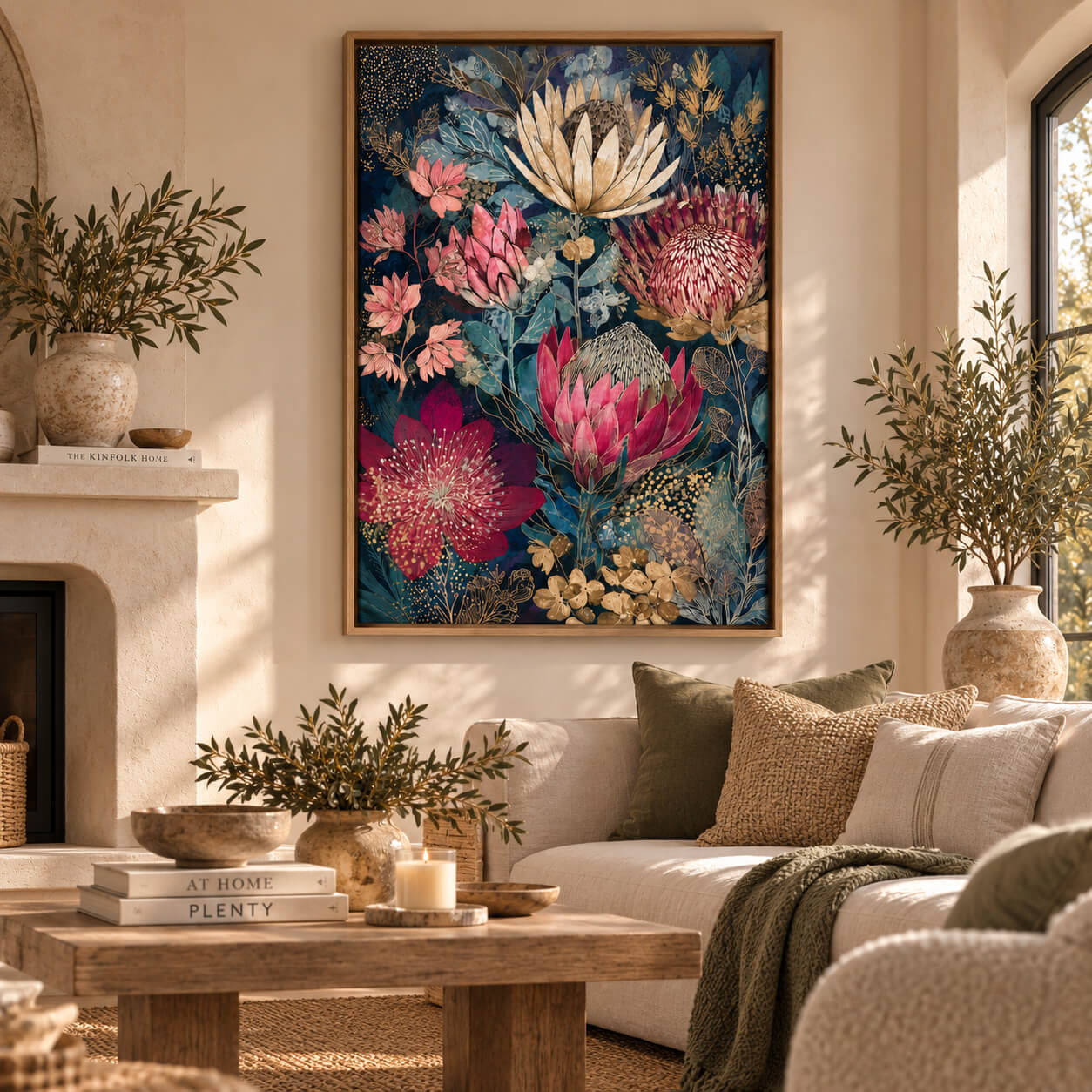 Australian native floral framed canvas wall art featuring pink proteas, burgundy flowers and gold botanical details in a timber floating frame.