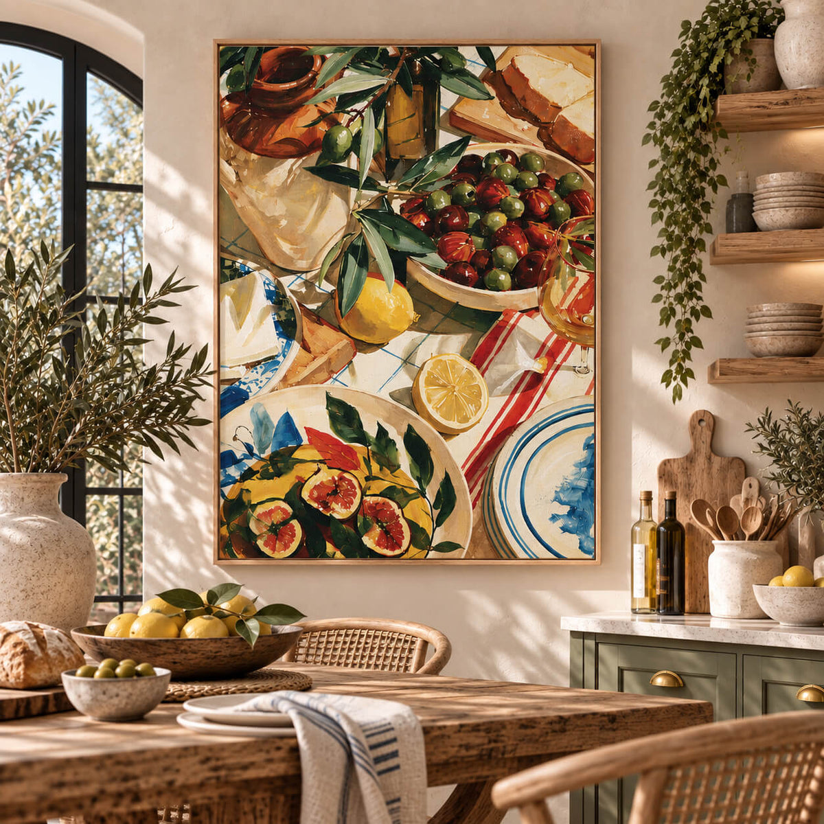 Mediterranean framed canvas wall art displayed in a warm rustic kitchen