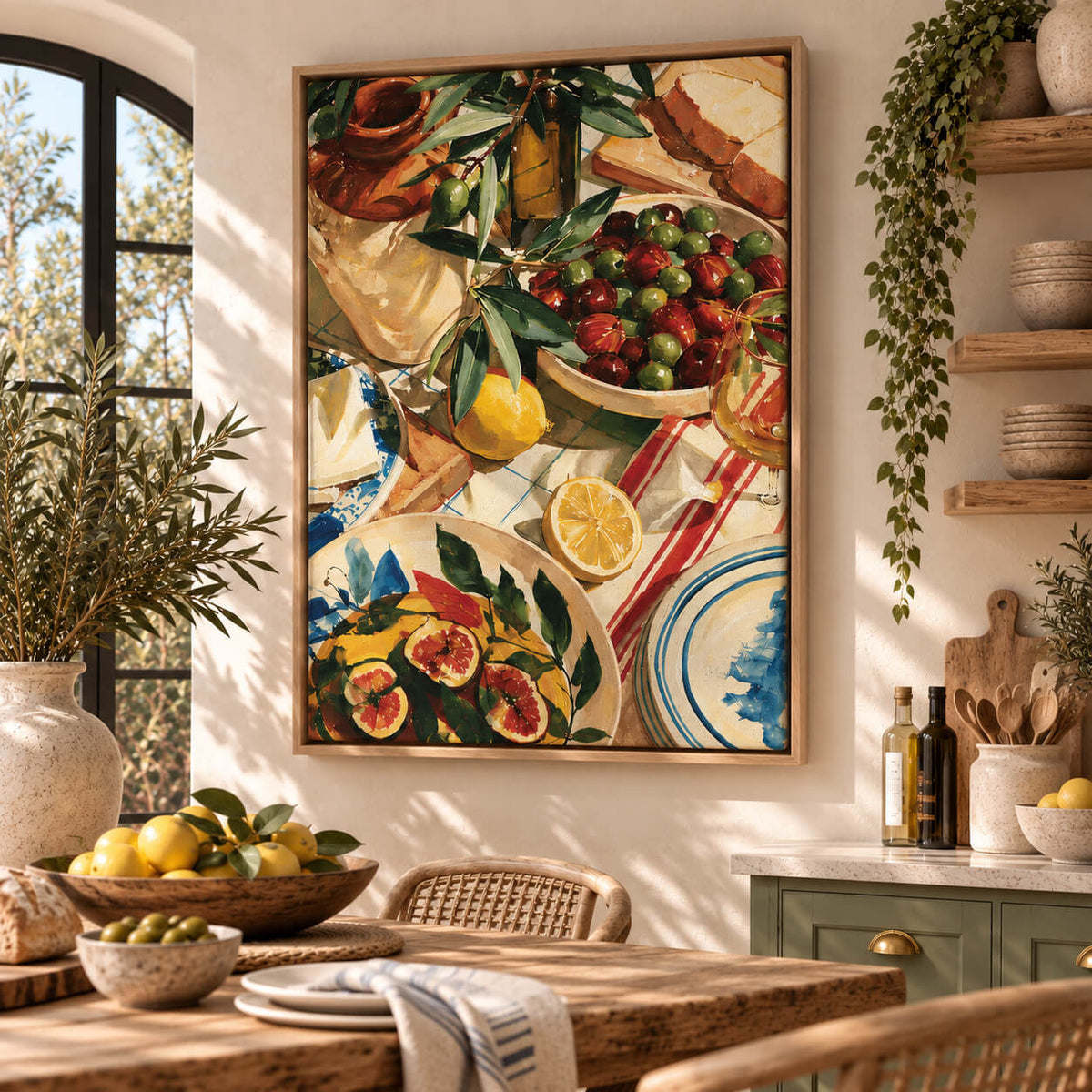 Italian kitchen wall art with olives lemons figs and Mediterranean table setting