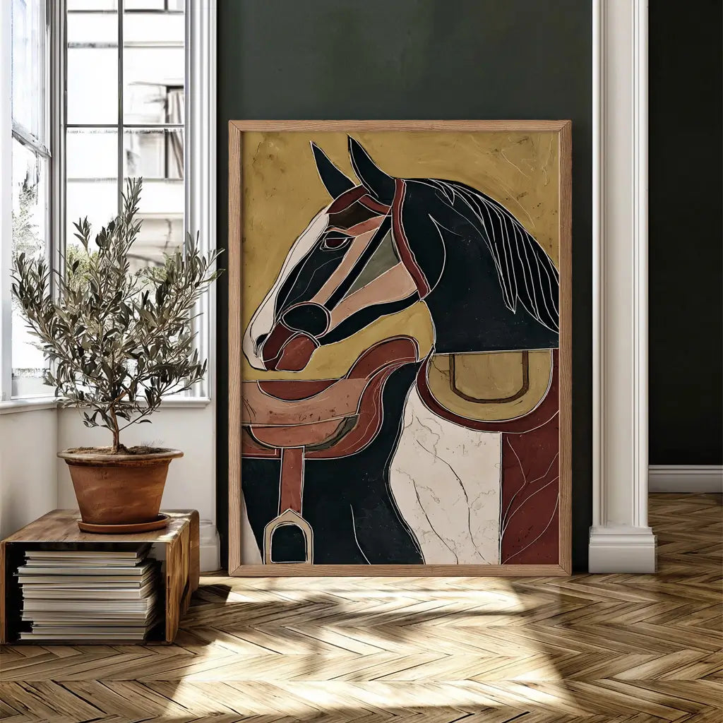 Modern geometric horse artwork with warm rustic colours