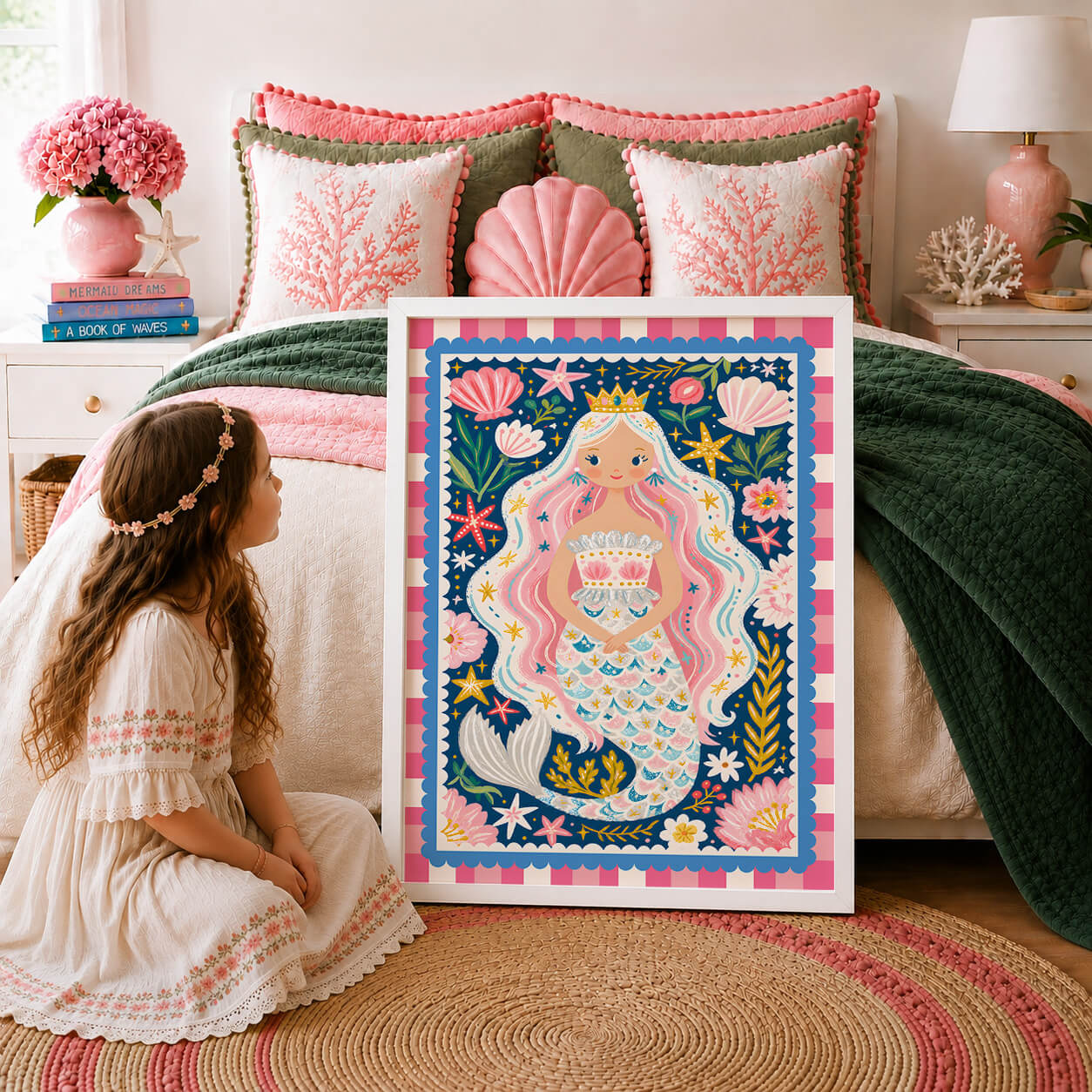 Whimsical mermaid wall art featuring a crowned pink-haired mermaid holding a seashell treasure chest.