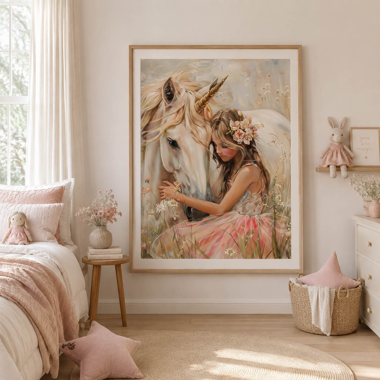 Girl and unicorn wall art print displayed in a large timber frame in a soft pink girls bedroom with whimsical nursery decor.