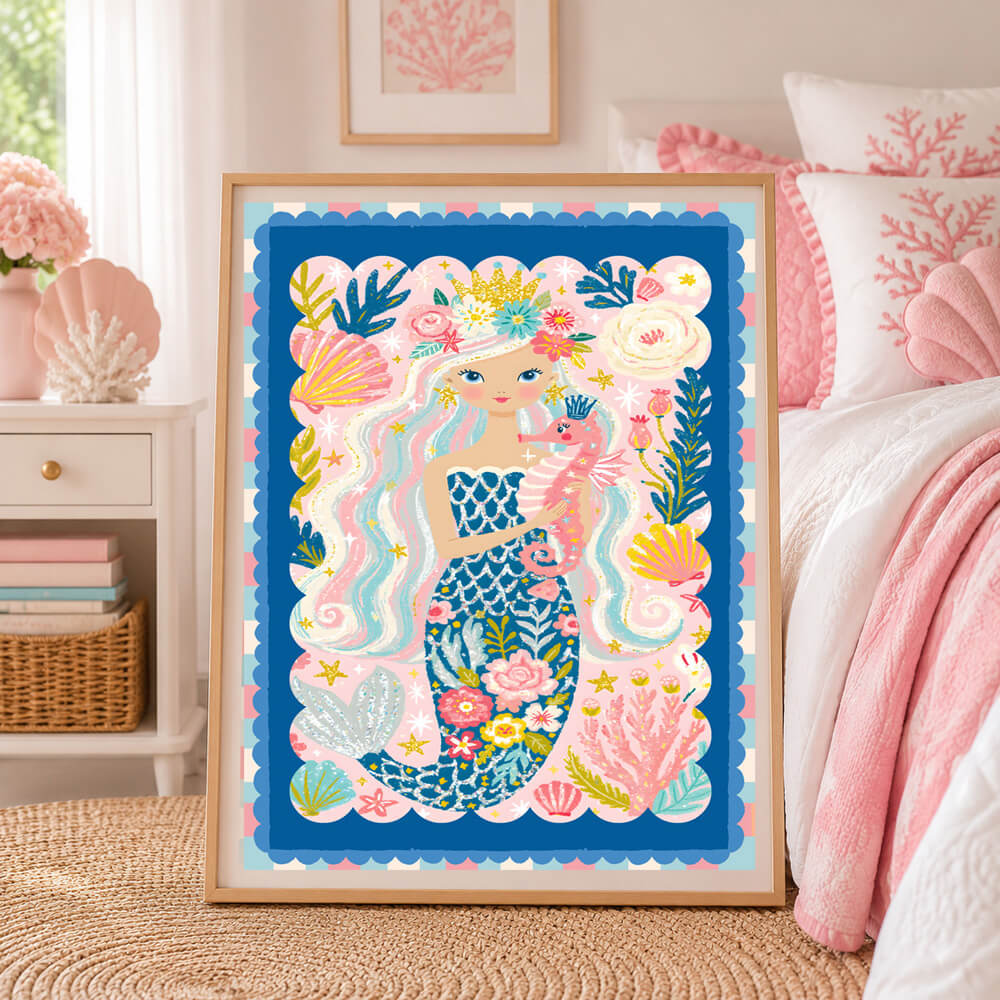 Whimsical floral mermaid wall art featuring a crowned mermaid holding a pink seahorse surrounded by shells, coral and ocean plants.
