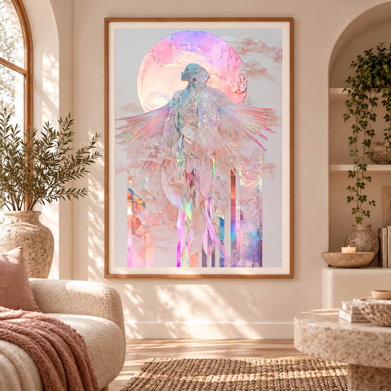 Celestial angel wall art in soft pink and iridescent pastel tones displayed in a natural timber frame in a boho living room