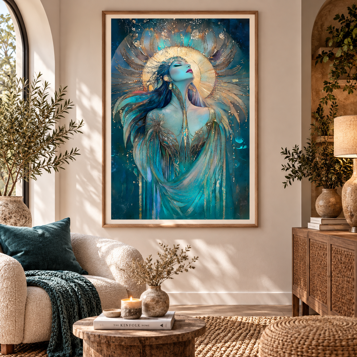 Celestial goddess wall art featuring a mystical woman with golden sun halo in rich teal and blue tones