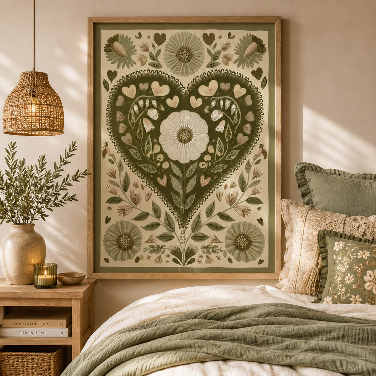 Green folk art heart print with botanical flowers and olive green details