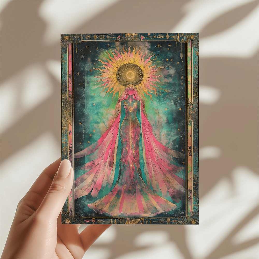 A feminine sun goddess wall art print inspired by celestial beauty and spiritual energy