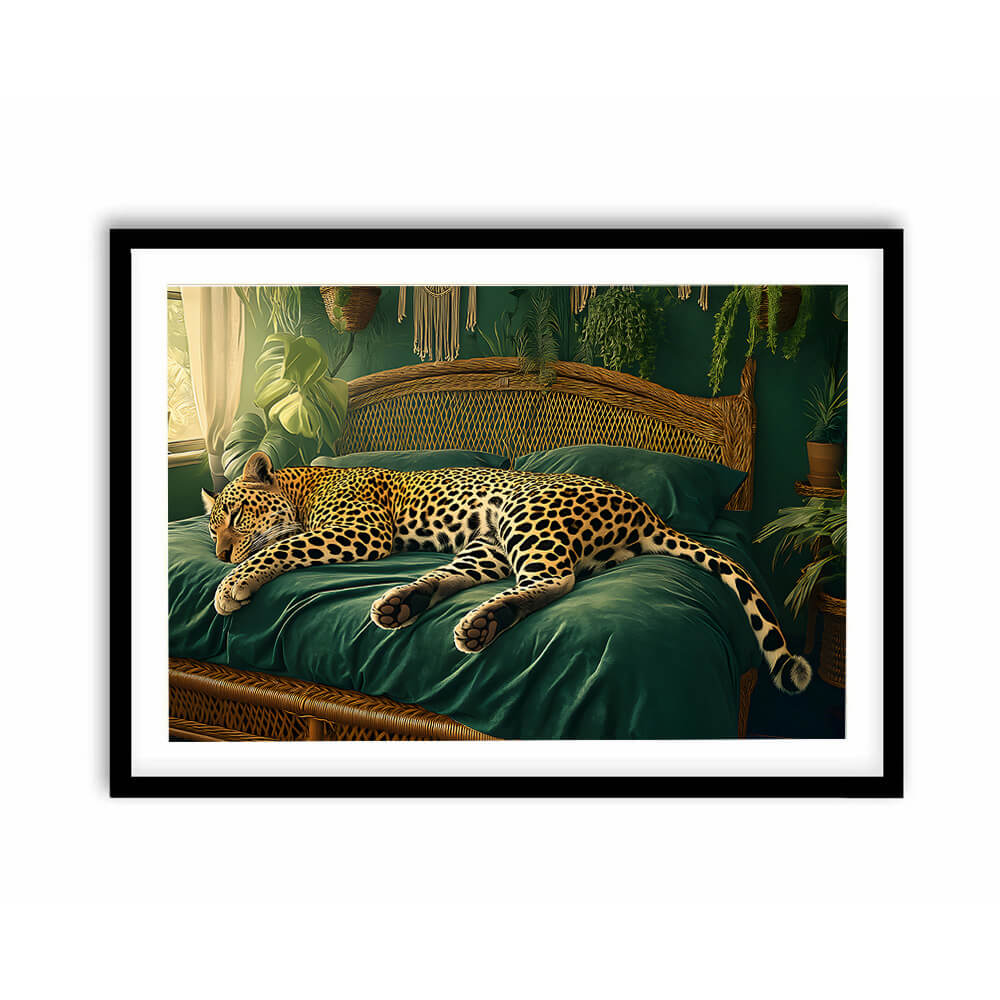 Green tropical wall art featuring leopard