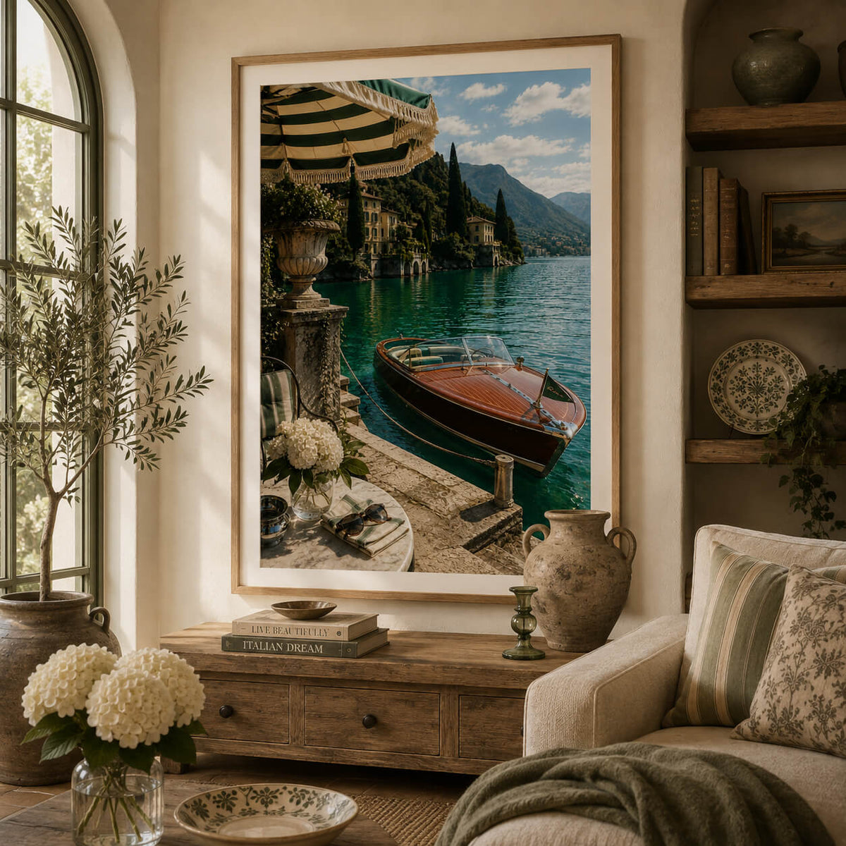 Mediterranean coastal wall art with luxury wooden boat, green sea, striped umbrella and elegant Italian villas