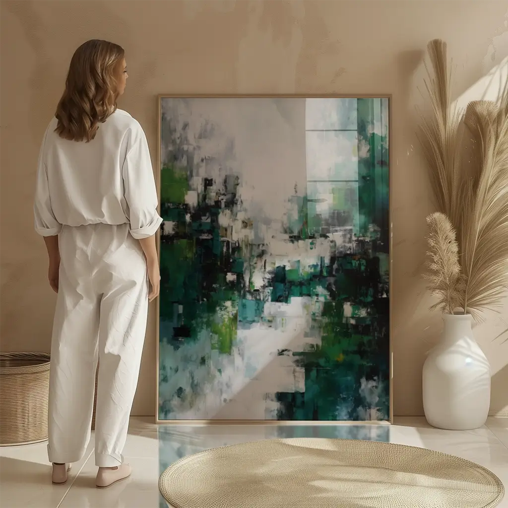 Emerald green and white contemporary artwork with minimalist style.