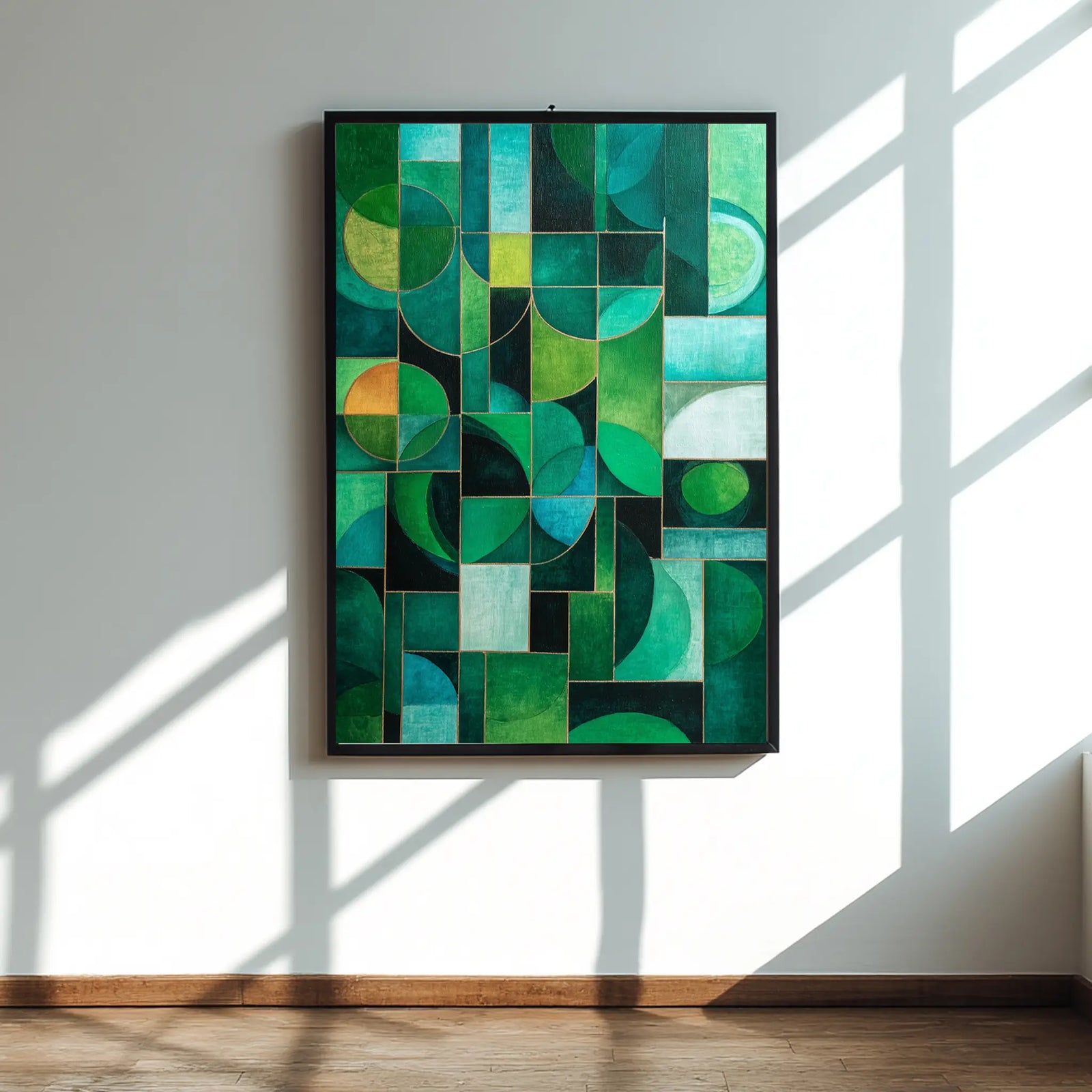 Emerald green geometric abstract canvas wall art with black and white accents