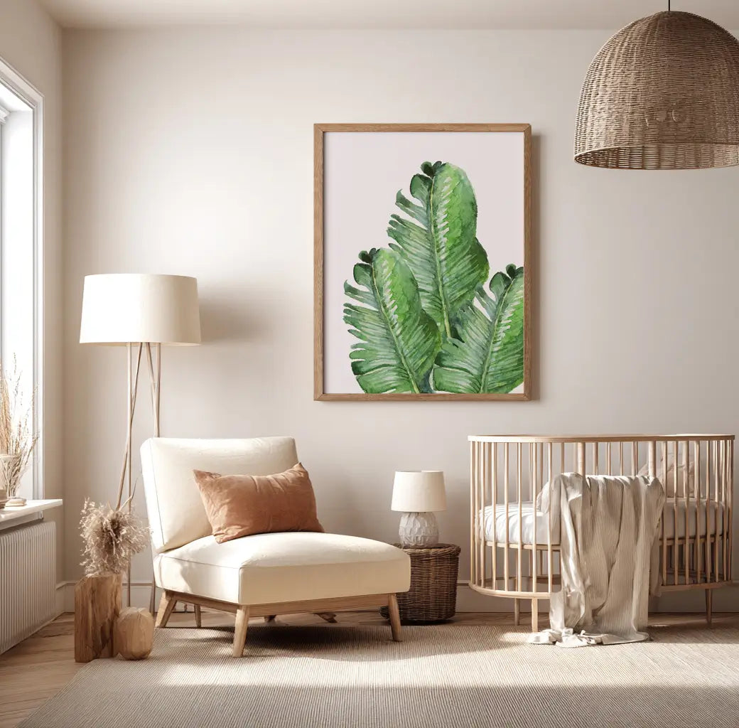 Kids nursery décor print featuring green tropical palm leaves