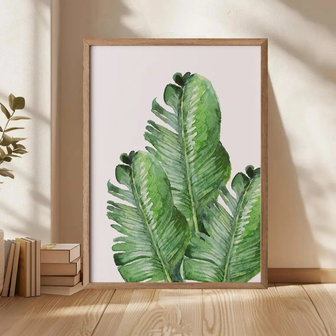 Kids nursery décor print featuring green tropical palm leaves
