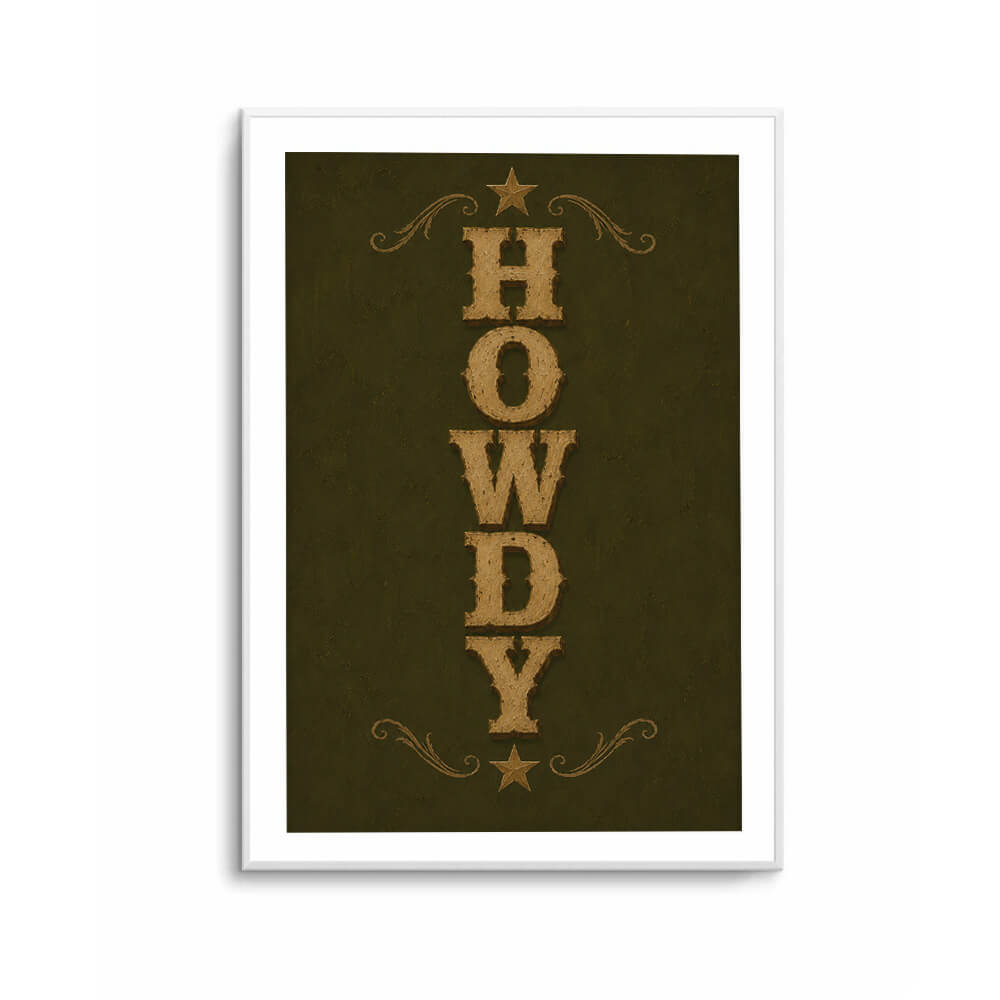 Rustic cowboy wall art displaying HOWDY lettering in vintage western font