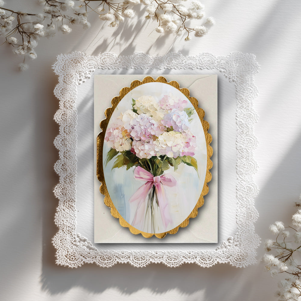 Mini Cardartwork of a bouquet of flowers with a pink ribbon 
