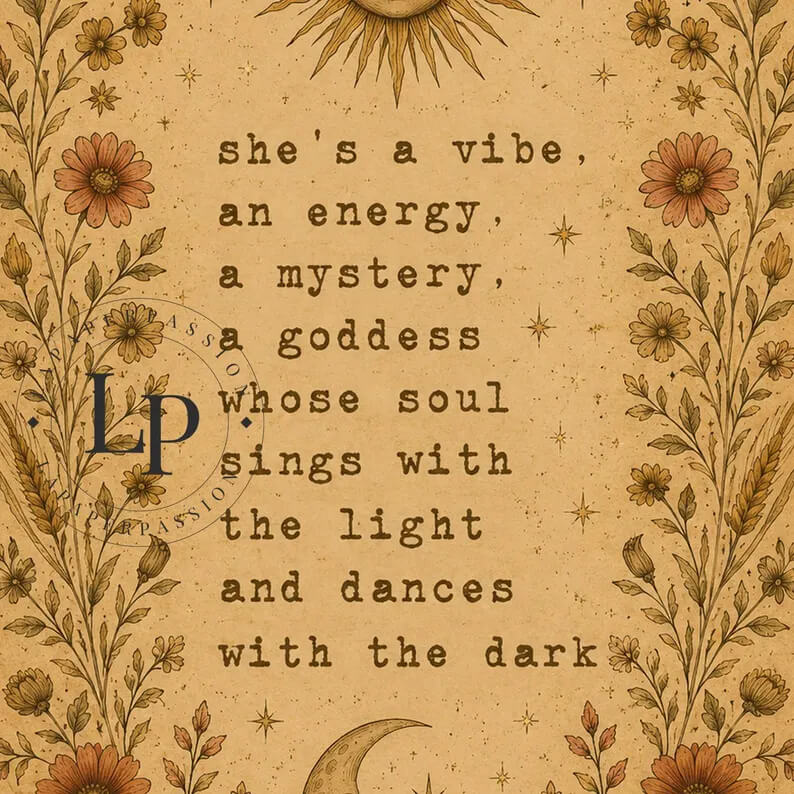 close -up-view-Large mystical goddess wall art print with vintage celestial and botanical details