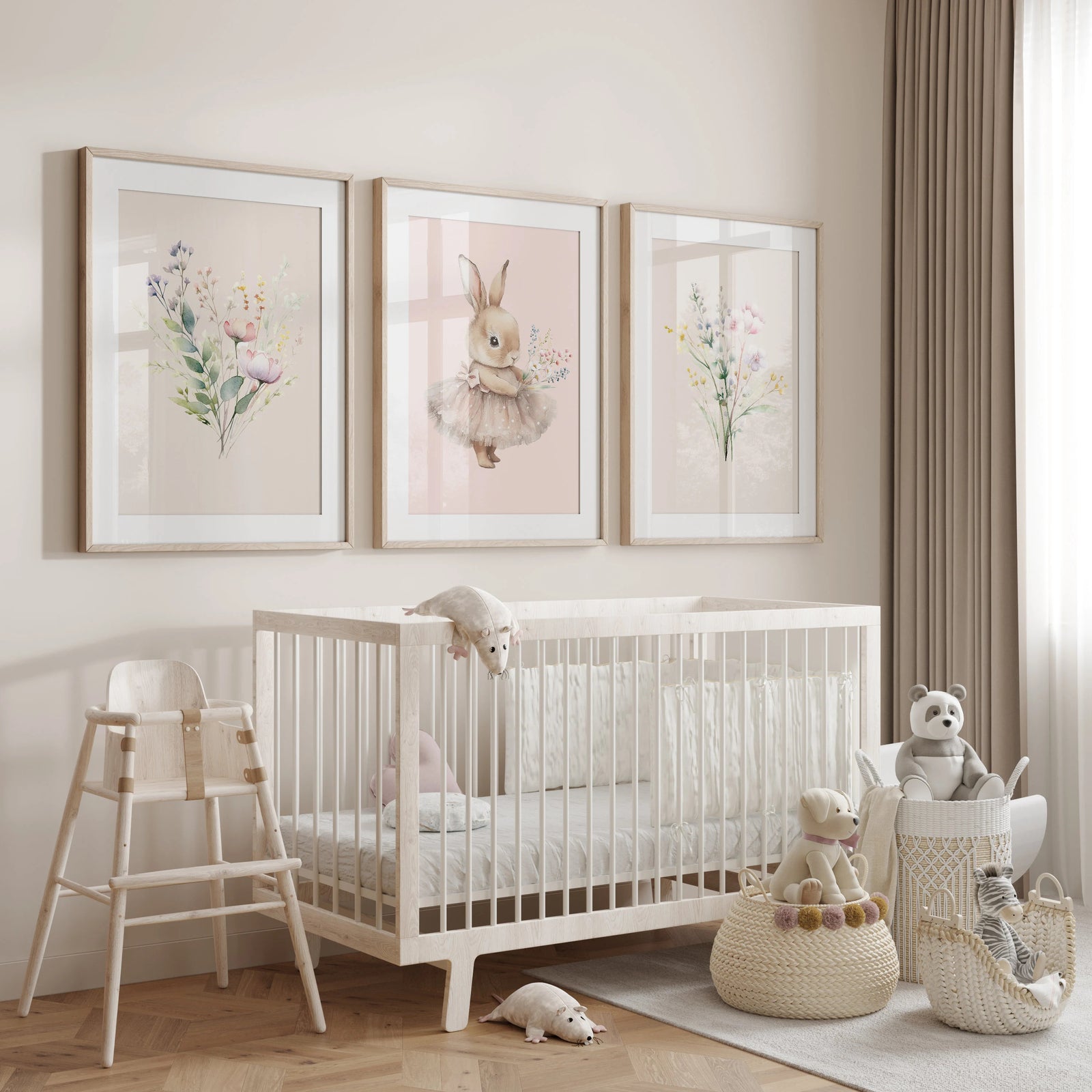 Set of 3 printed Nursery wall art prints that come in standard International sizes. Side prints  are Beige and a centre pastel pink print. Illustrations are   wildflowers and  a bunny in a tutu holding a posy of wildflowers. Printed on 250 gsm paper.