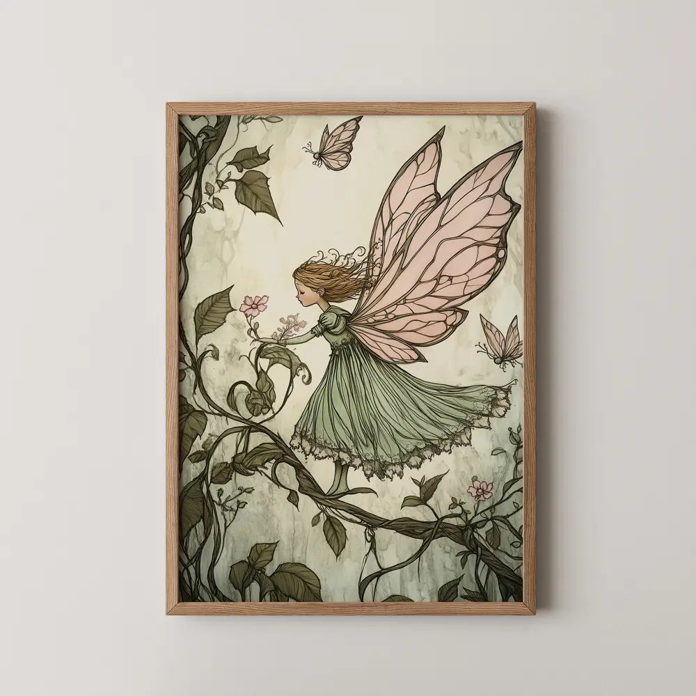 Sage green and pink fairy garden wall art print for girls nursery