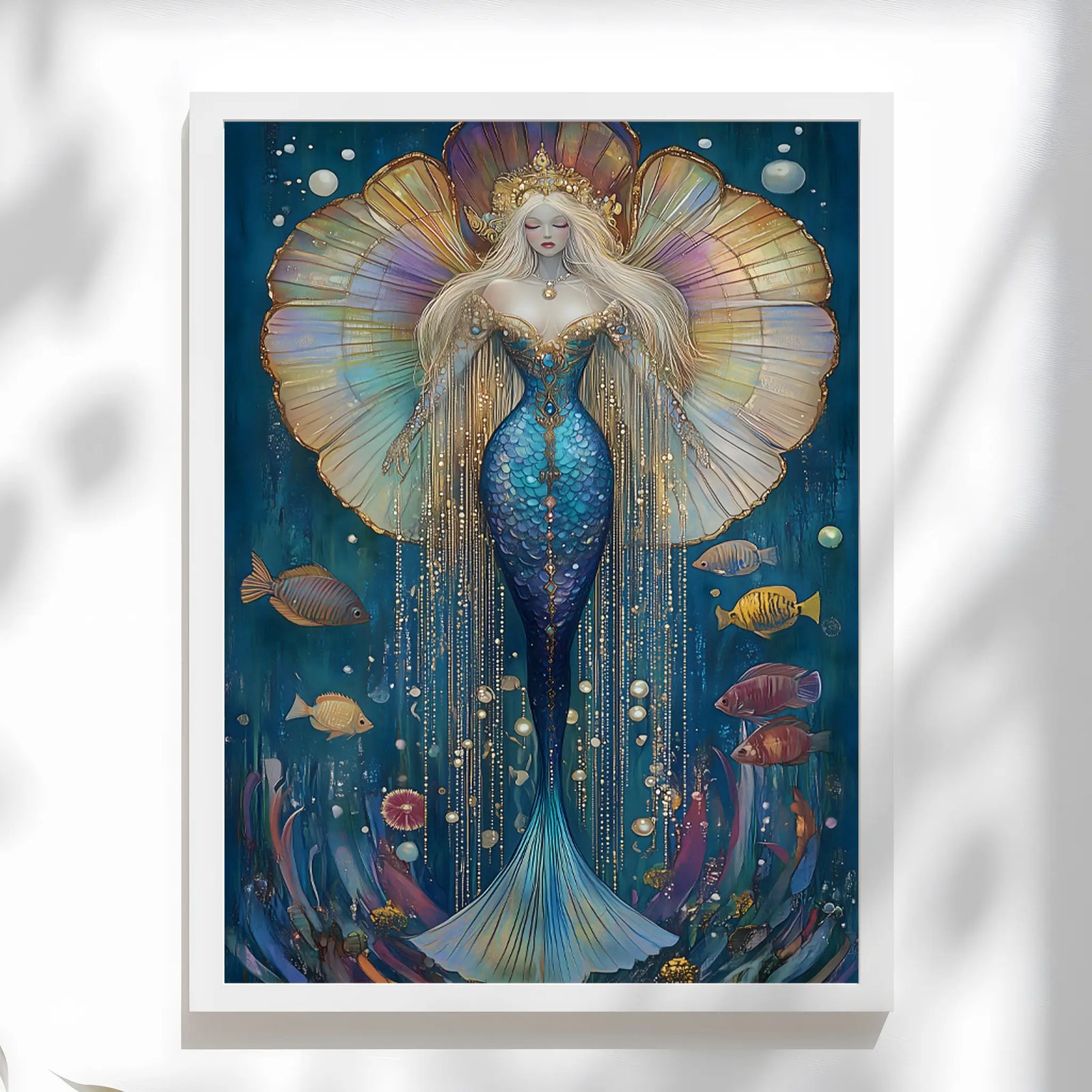 Mermaid wall decor in deep blue tones with celestial and aquatic elements.