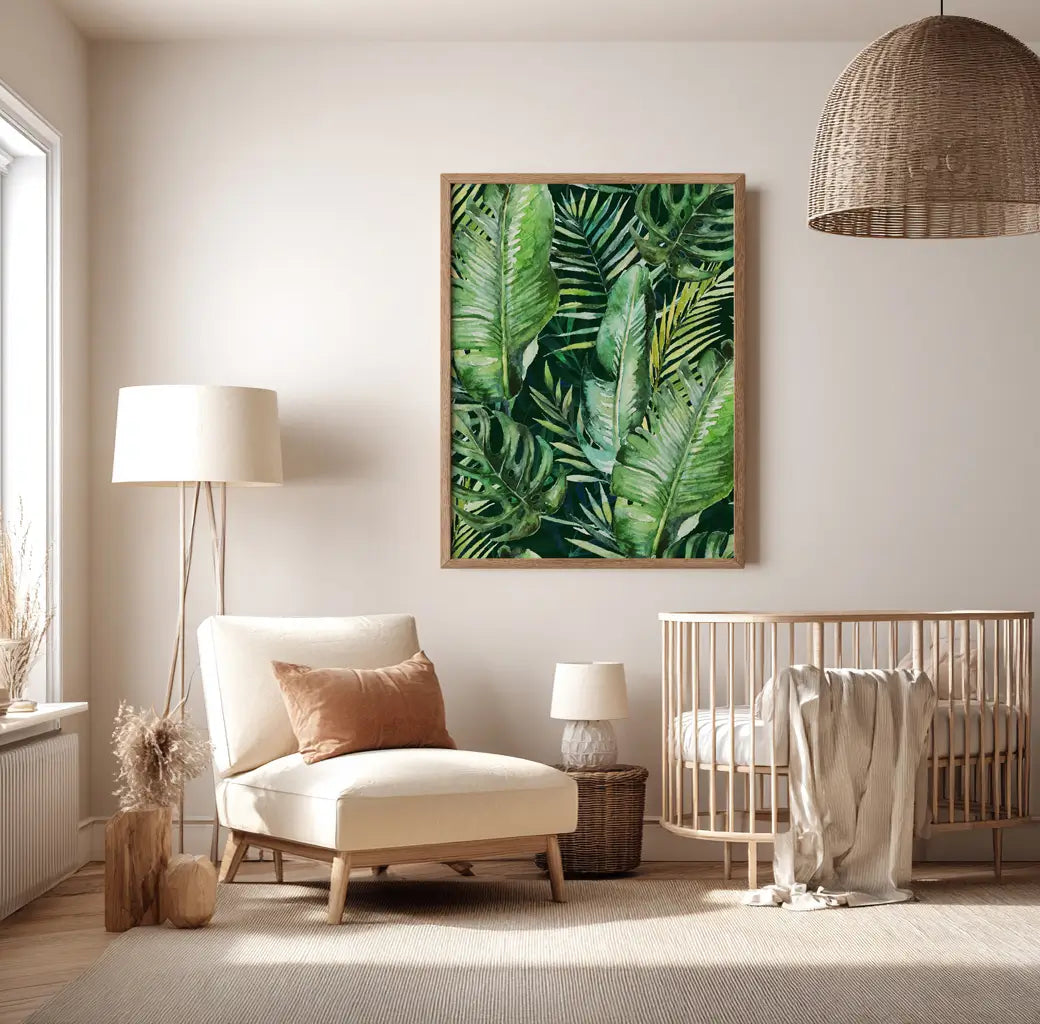 Kids nursery wall art featuring green jungle leaves illustration