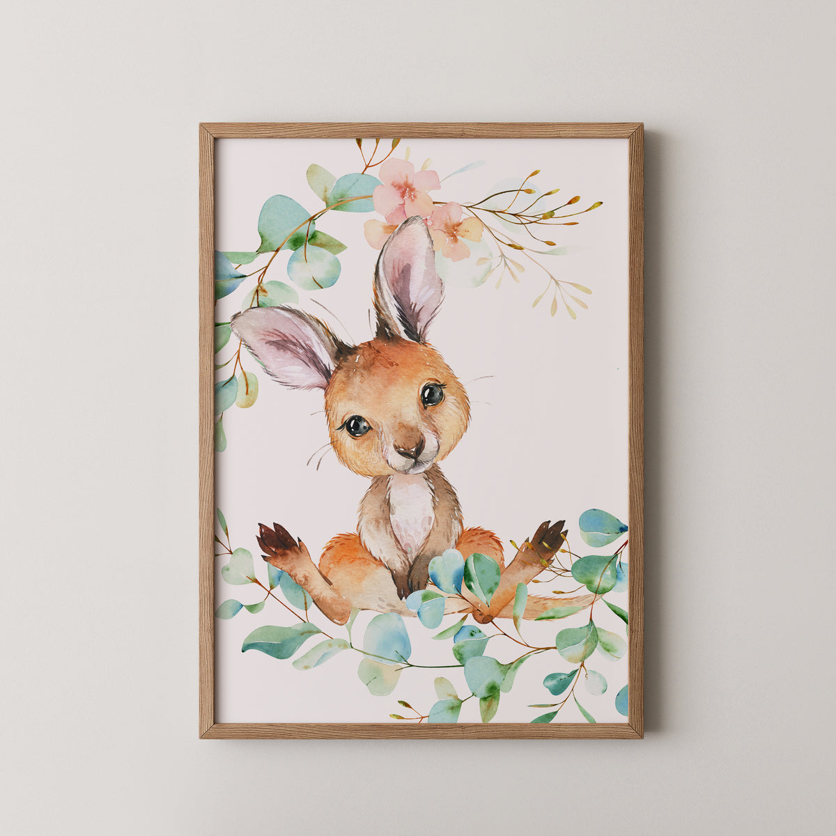 kangaroo nursery print for baby girl room with eucalyptus and peach flowers